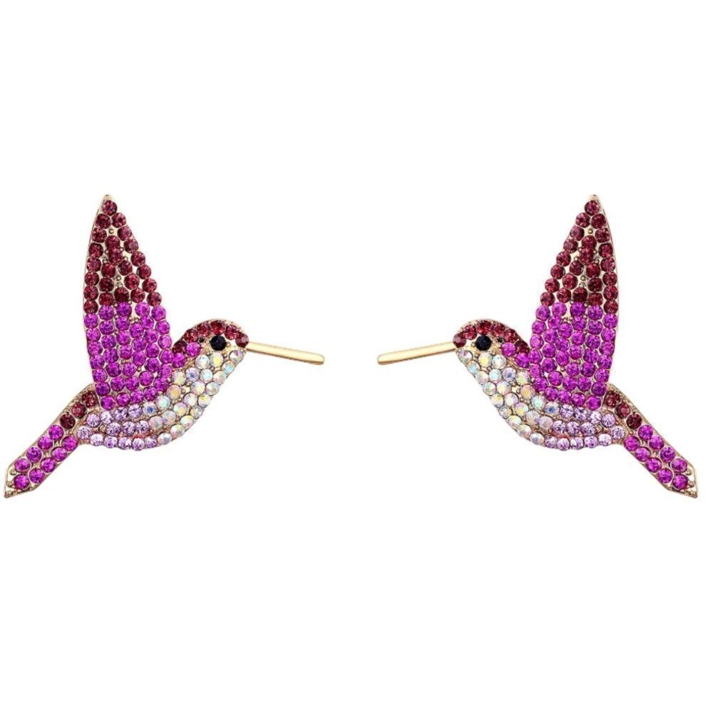 Yellow Gold with Multicolor Austrian Crystal Hummingbird Post Back Stud Earrings